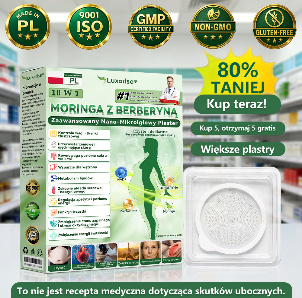 Oficjalny sklep| 𝑳𝒖𝒙𝒂𝒓𝒊𝒔𝒆® MORINGA Z BERBERYNA 10W1 Zaawansowany Nano-Mikroigłowy Plaster  👩‍⚕️ (Stosować raz na dobę, zauważalne efekty w ciągu 7 dni)🤰Otyłość, cukrzyca, bezdech senny oraz schorzenia stawów 🛒