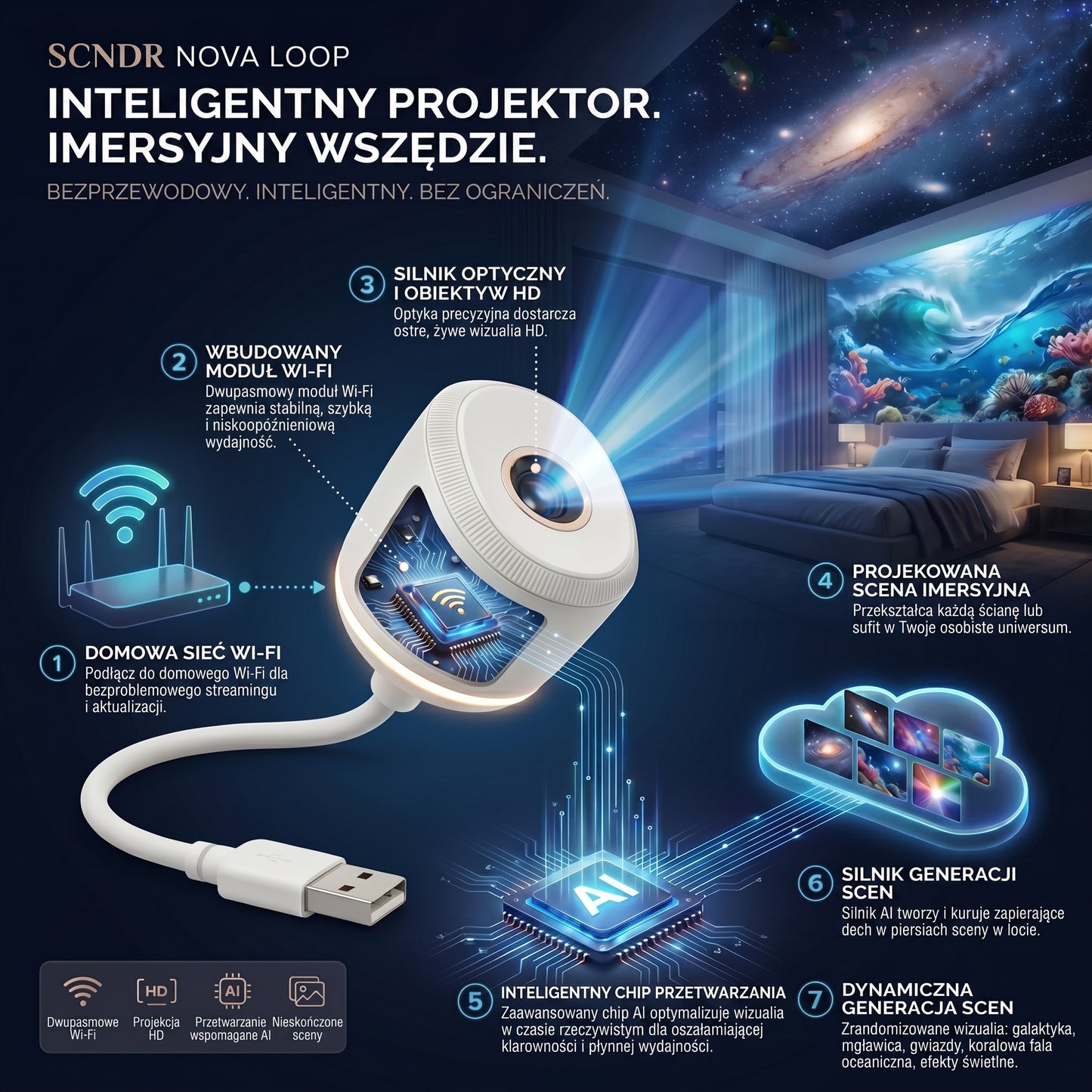 ⏰ Ostatni dzień promocji! 🔥 – 𝑺𝑪𝑵𝑫𝑹® Projektor nocny – Inteligentny holograficzny projektor gwiazd🌙